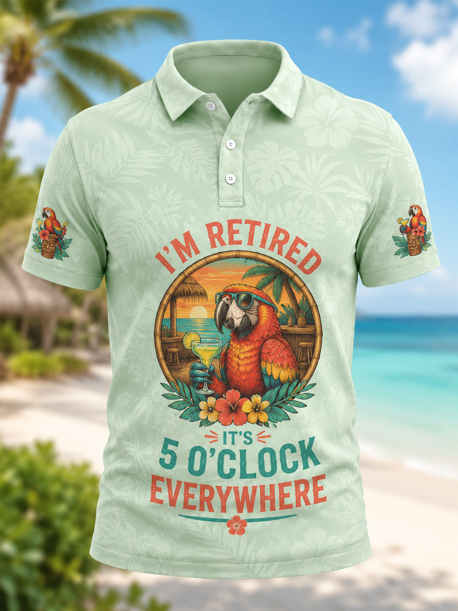 Men's I'm Retired It's 5 O'clock Everywhere Parrot Print Casual Polo