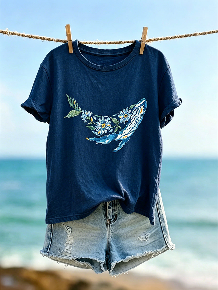 Women's Vintage Ocean Floral Whale Art Print Short-sleeved T-shirt