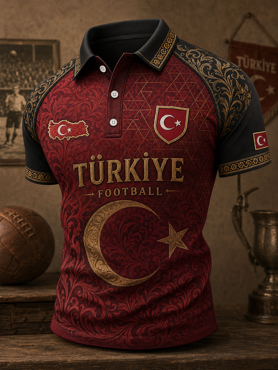 Men's Retro Ethnic Style Soccer Element Print Short-Sleeve Polo Shirt