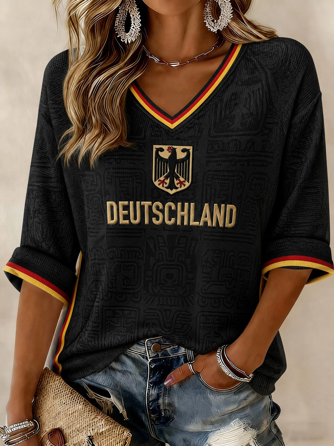Women's Germany Football Printed V-Neck T-Shirt