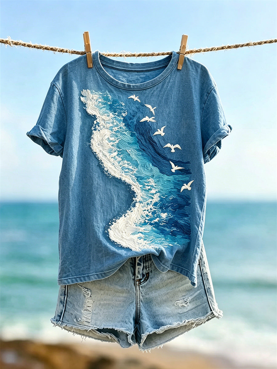 Women's Vintage Ocean Waves Print Round Neck Short-sleeved T-shirt