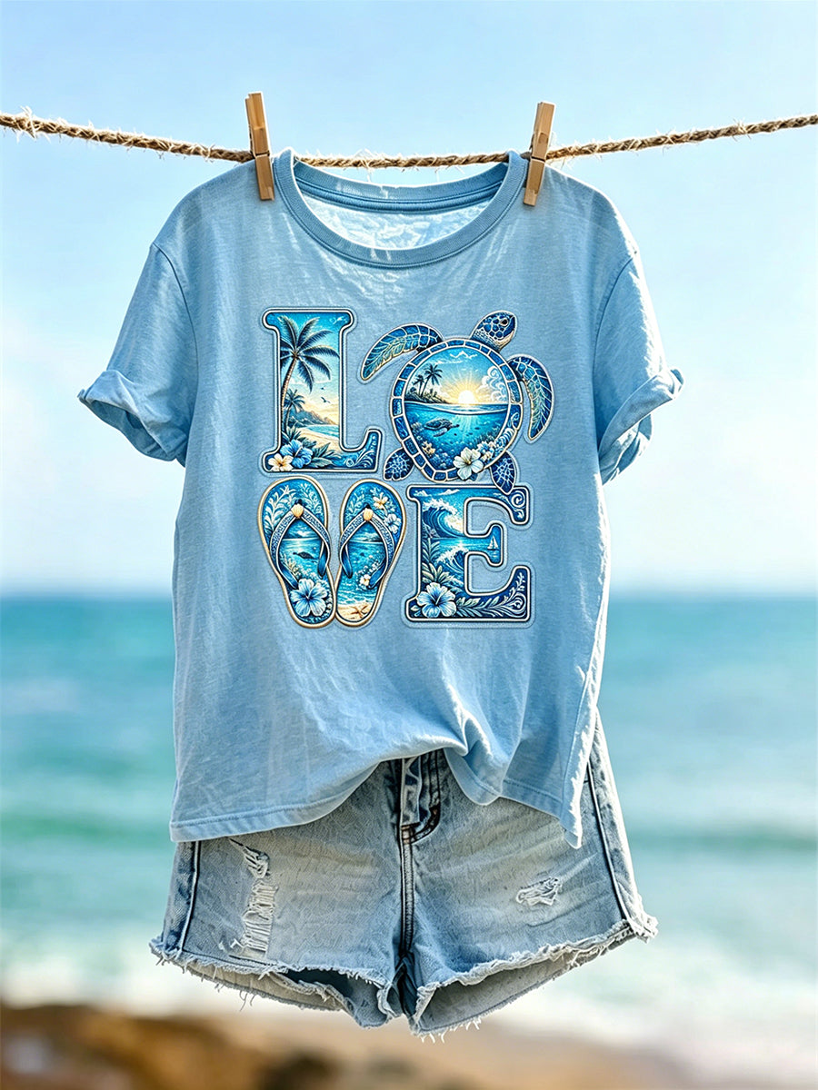 Women's Vintage Love Sea Turtle Print Short-sleeved T-shirt