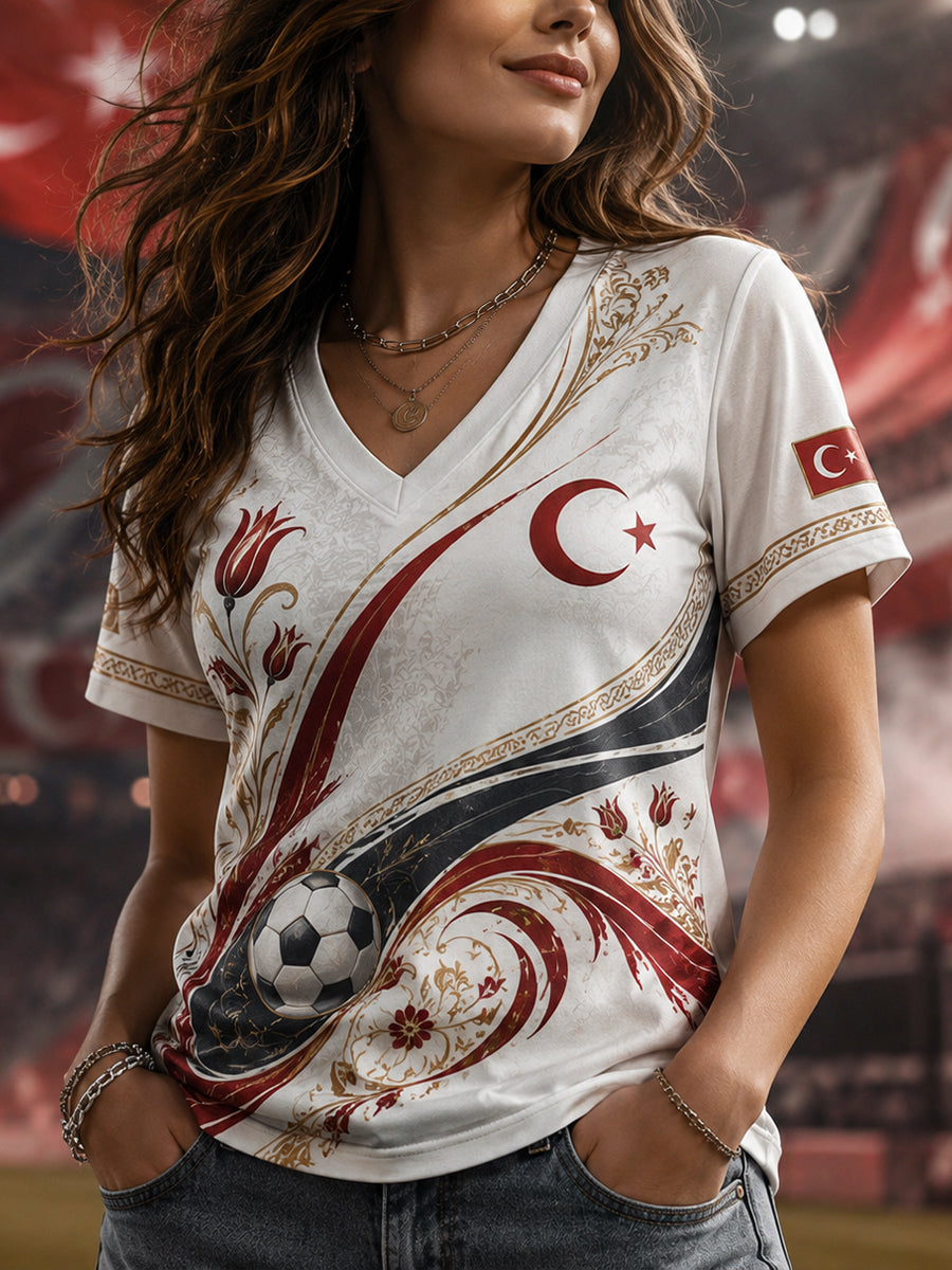Women's Retro Ethnic Style Football Element Print V-Neck Short-Sleeve T-Shirt