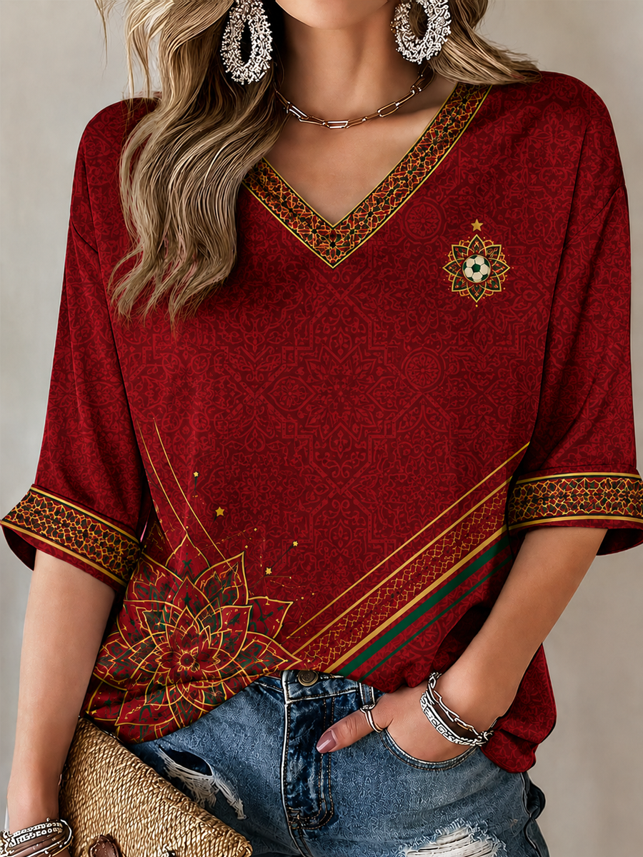 Women's MOROCCO Printed Mid-length Sleeves V-Neck T-Shirt
