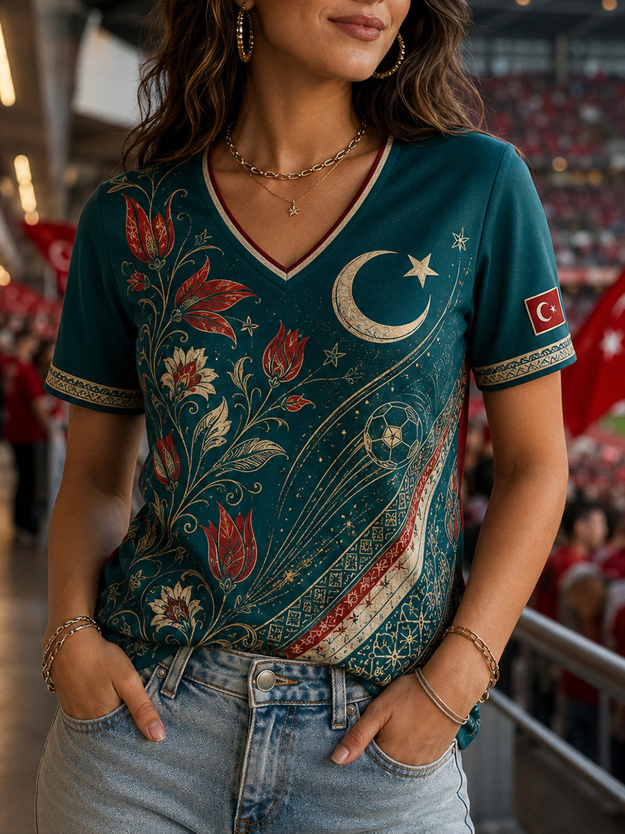 Women's Retro Ethnic Style Football Element Print V-Neck Short-Sleeve T-Shirt