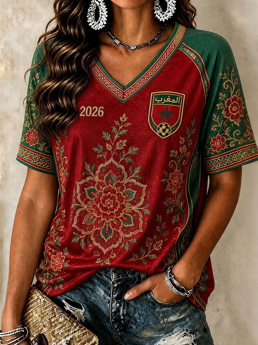 Women's 2026 Morocco Soccer V-Neck T-Shirts