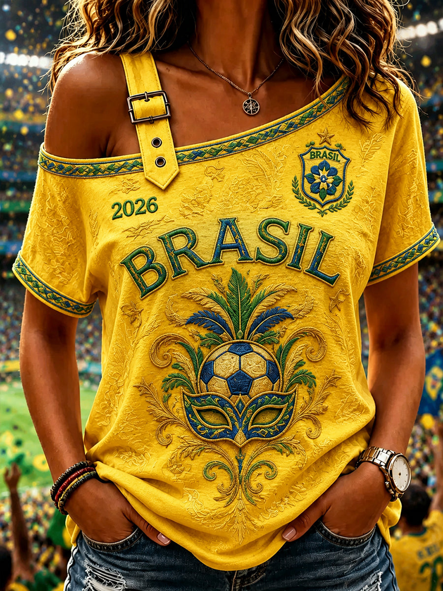 Women's Brazil Football Fan Gift Off-the-Shoulder Short-Sleeve T-Shirt