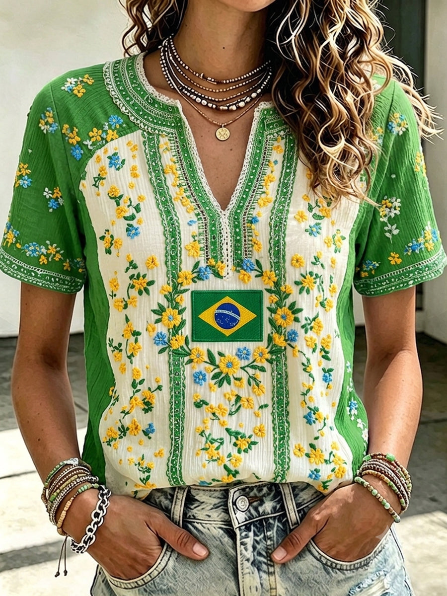 Women's Summer 2026 Brazil Football Inspired Floral Print Cotton-Linen Shirt