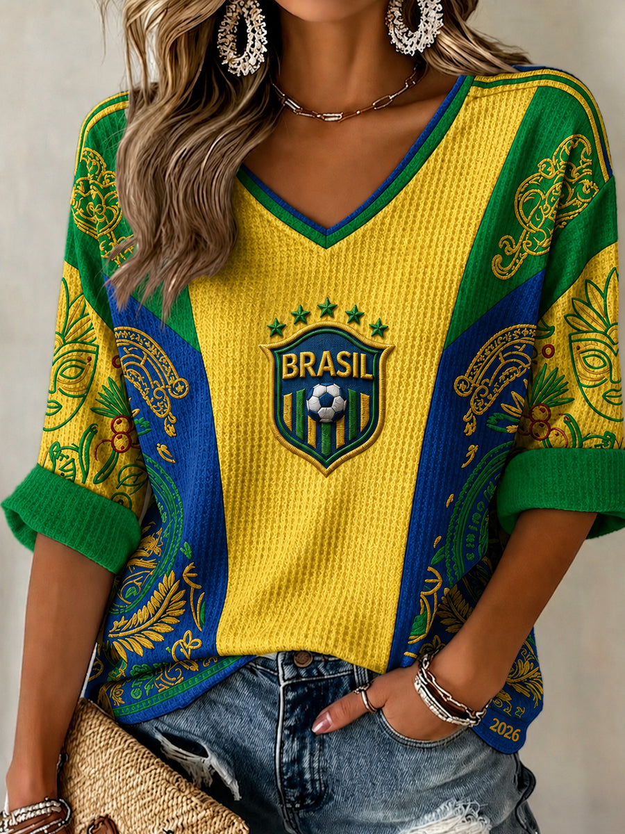 Women's Brazil Football Fan Gift Waffle T-shirt