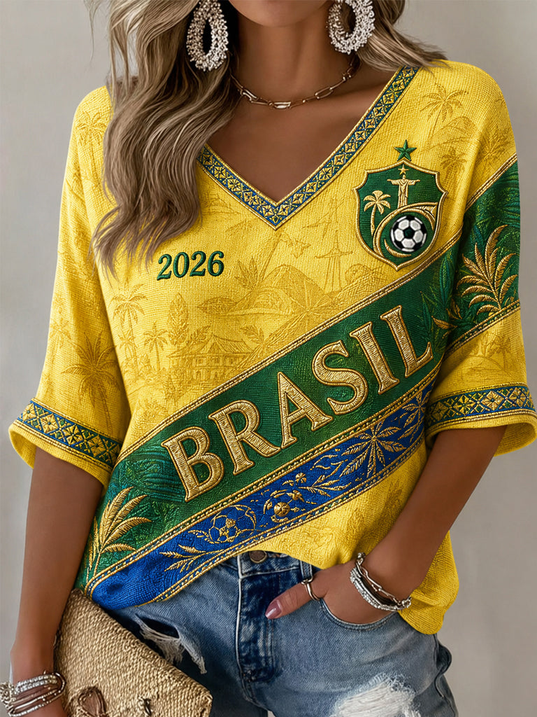 Women's Gift For Football Fans Print Casual Half-Sleeves V-Neck T-Shirt