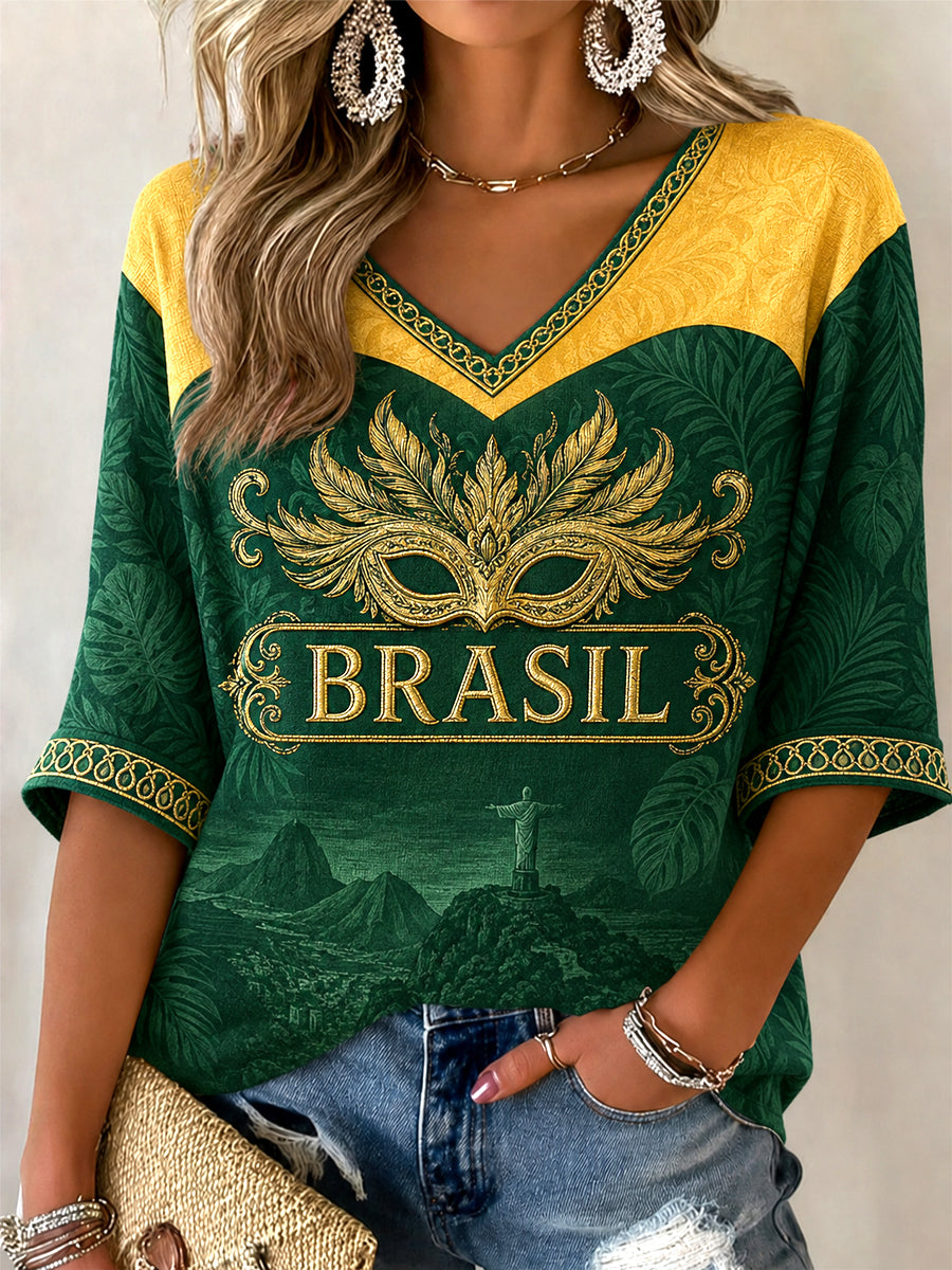 Women's Gift For Football Fans Print Casual Half-Sleeve V-Neck T-Shirt