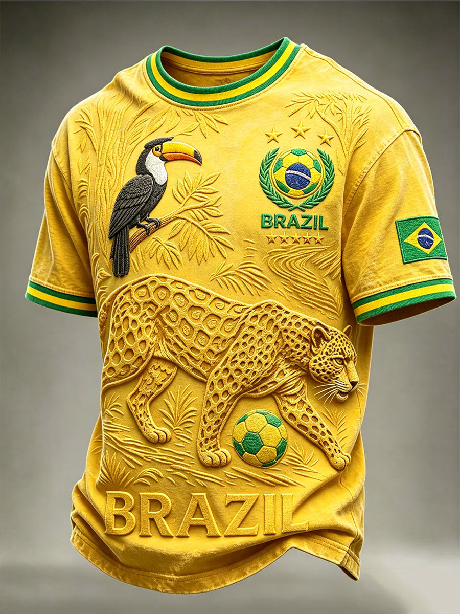 Men's Brazil Football Inspired Pattern Print Comfy Short Sleeves T-shirt