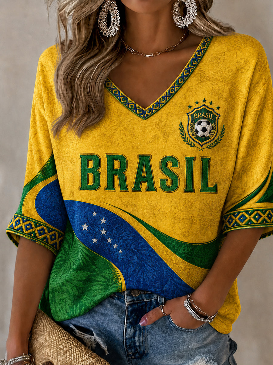 Women's Brazil Football Fan Gift Mid-length Sleeves V-Neck T-Shirt
