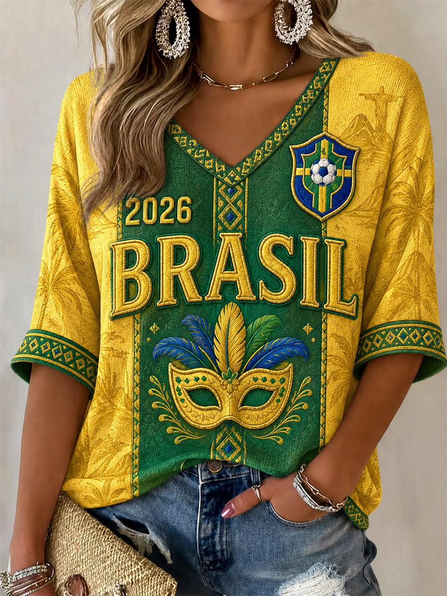 Women's Gift For Football Fans Print Casual Half-Sleeve V-Neck T-Shirt