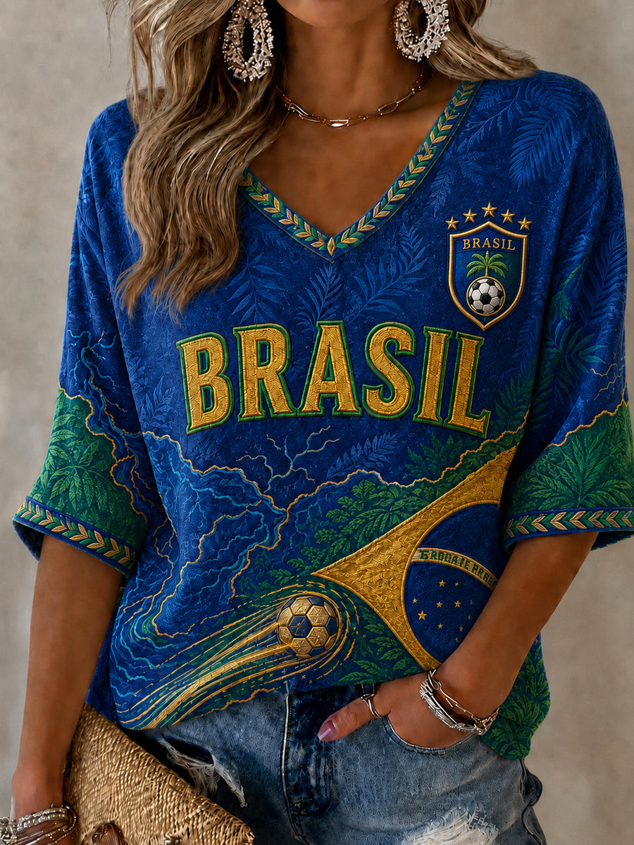 Women's Brazil Football Fan Gift Mid-length Sleeves V-Neck T-Shirt