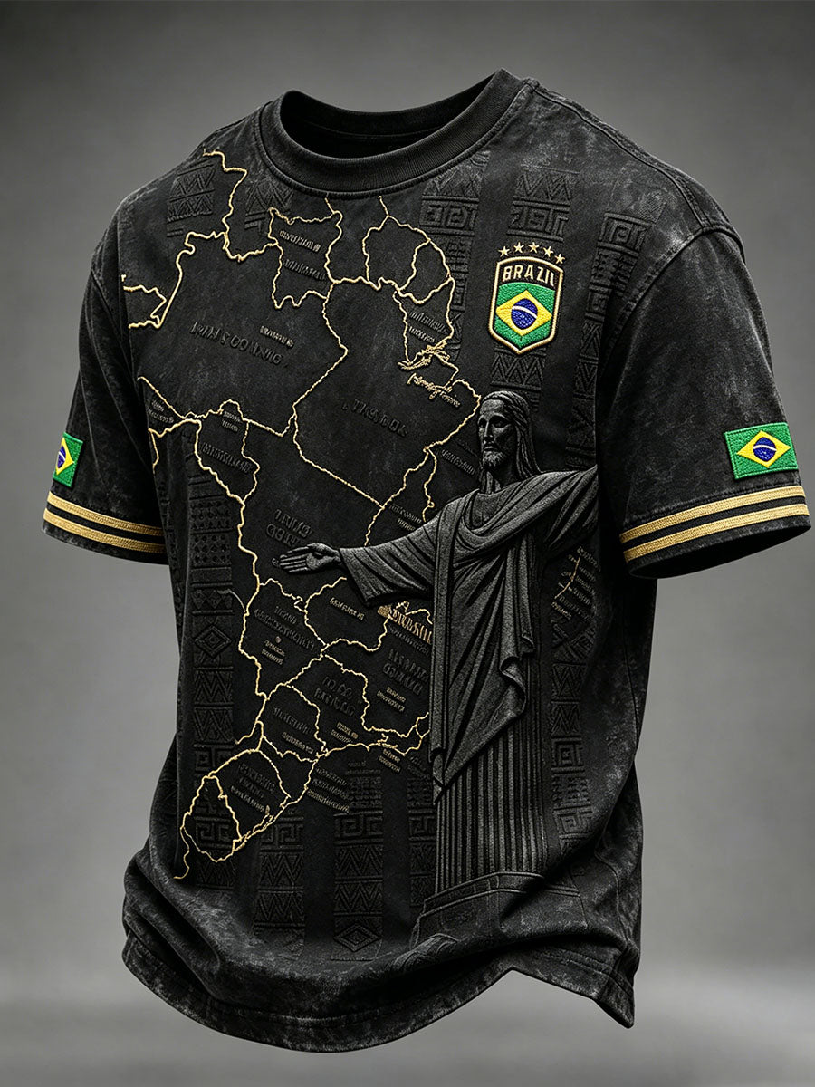 Men's Brazil Football Inspired Pattern Print Short Sleeves T-shirt