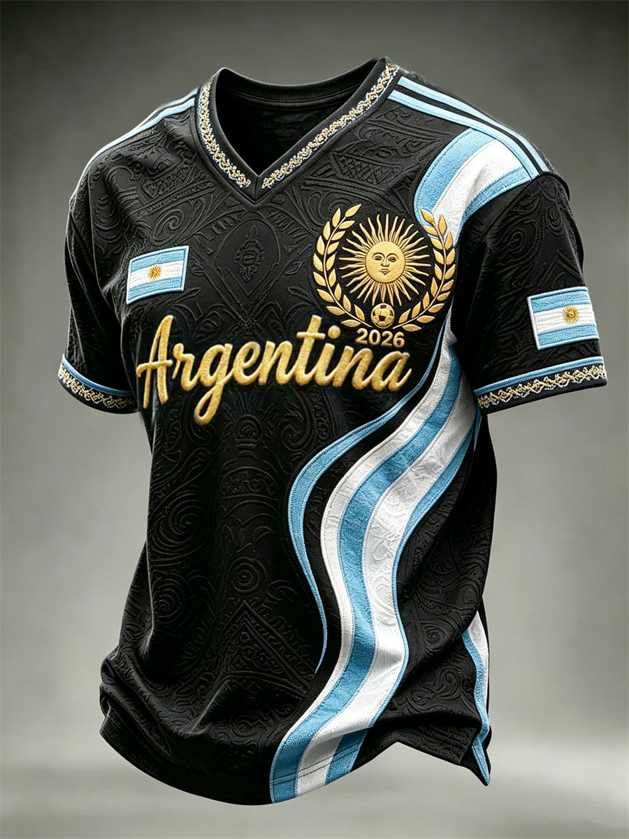 Men's Argentina 2026 Flag Inspired Ethnic Pattern Print Jersey V-neck T-shirt