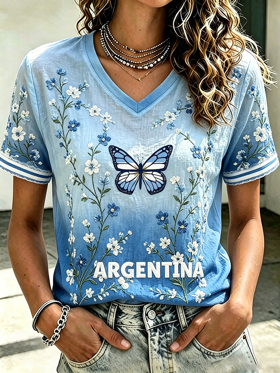 Women's Argentina 2026 Team & Butterfly Floral Print Linen Short-sleeved T-shirt