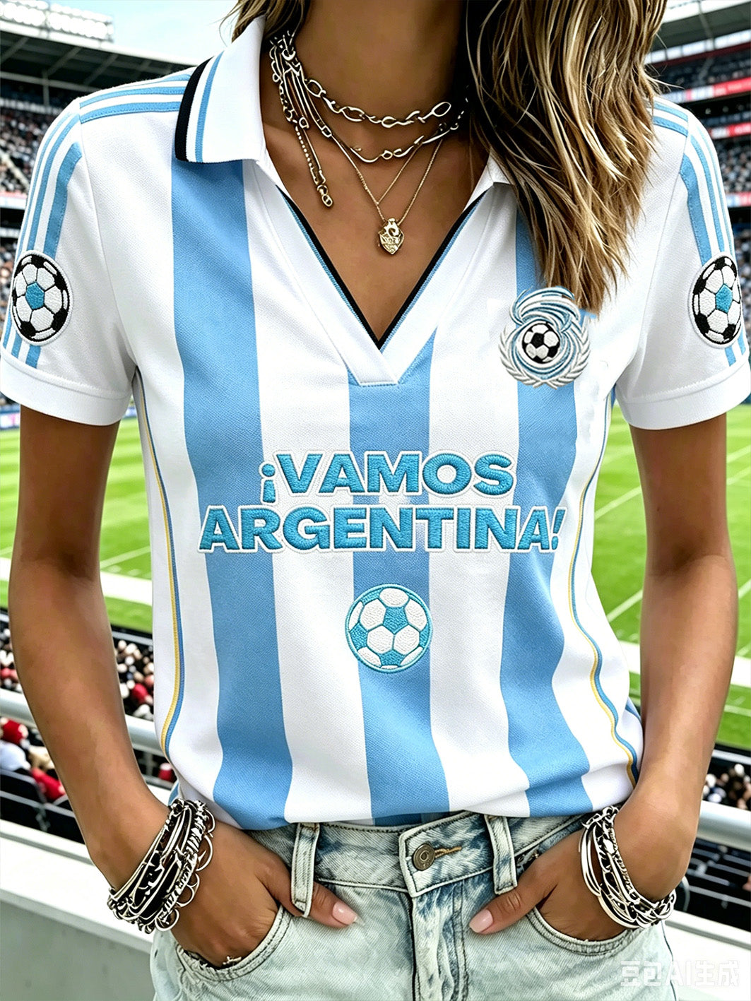 Women's star football team cheering casual V-neck short-sleeved T-shirt
