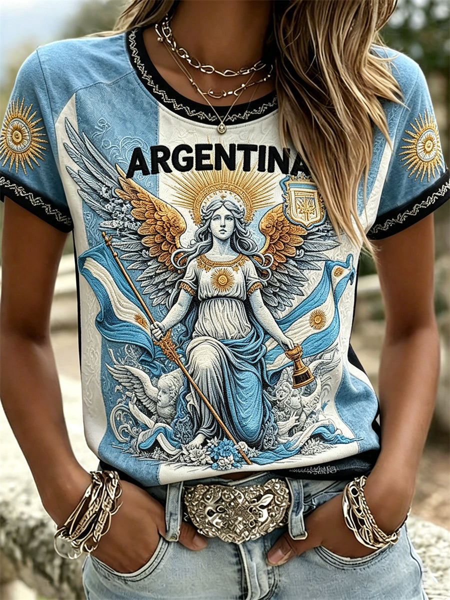 Women's Argentina Angel & Flag Colorblock Print short-sleeved T-shirt