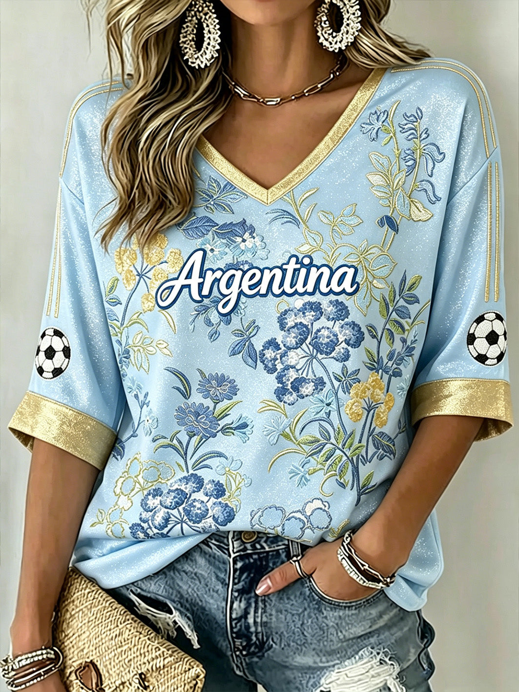 Women's Soccer Element Color-blocking Design Casual Mid-length Sleeves V-Neck T-Shirt