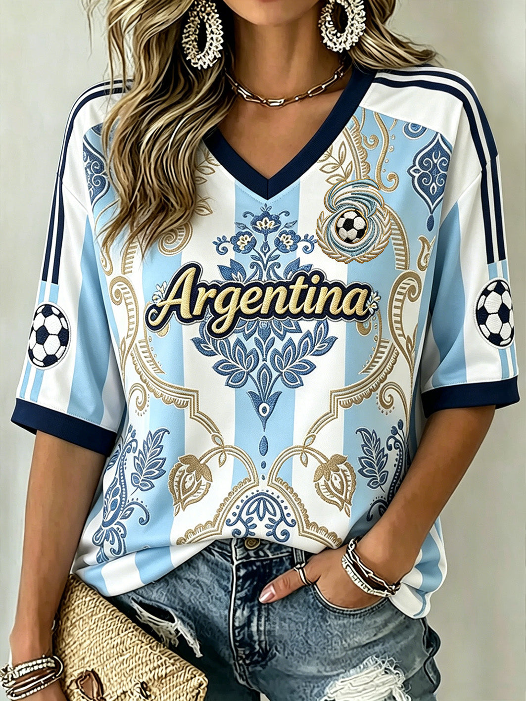 Women's Soccer Element Color-blocking Design Casual Mid-length Sleeves V-Neck T-Shirt