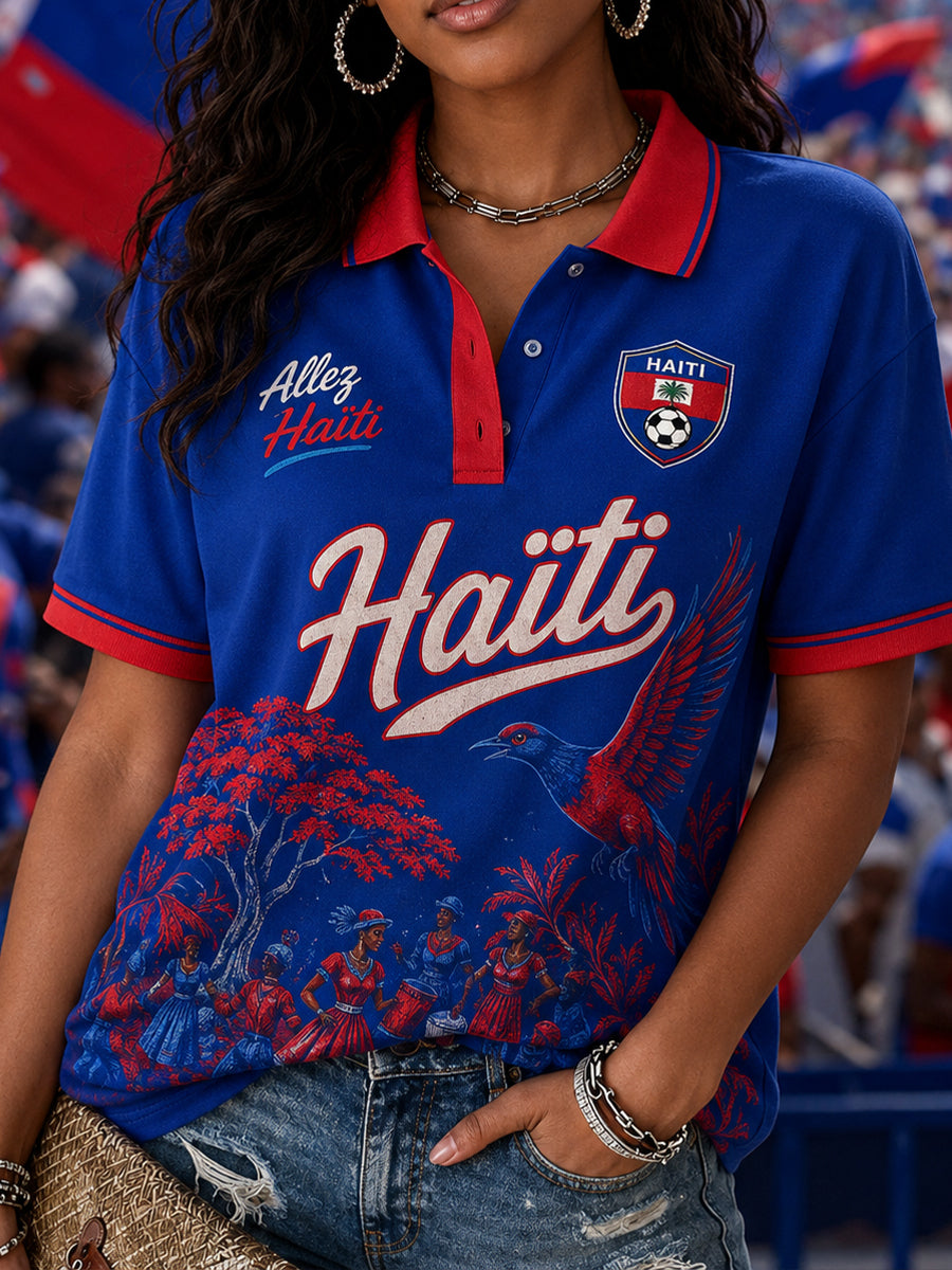 Women's Short-Sleeved Polo Shirt With Football Print