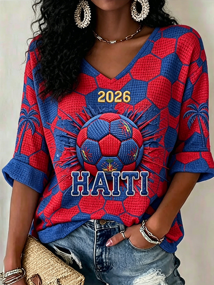 Women's V-neck Mid-Sleeve Haitian Football Printed Casual T-shirt