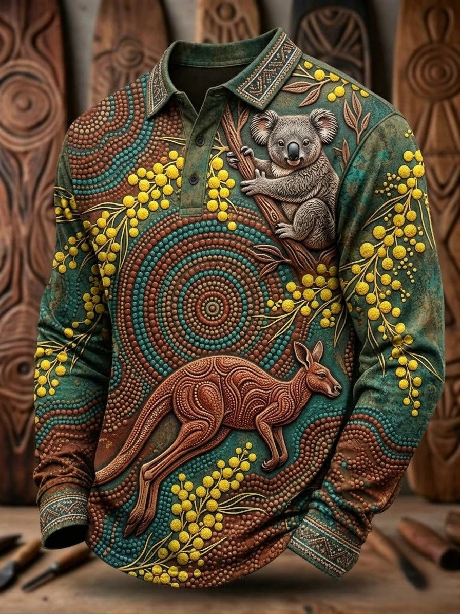 Men's AU Aboriginal Art NAIDOC Week Printed Long-Sleeve Polo Shirt