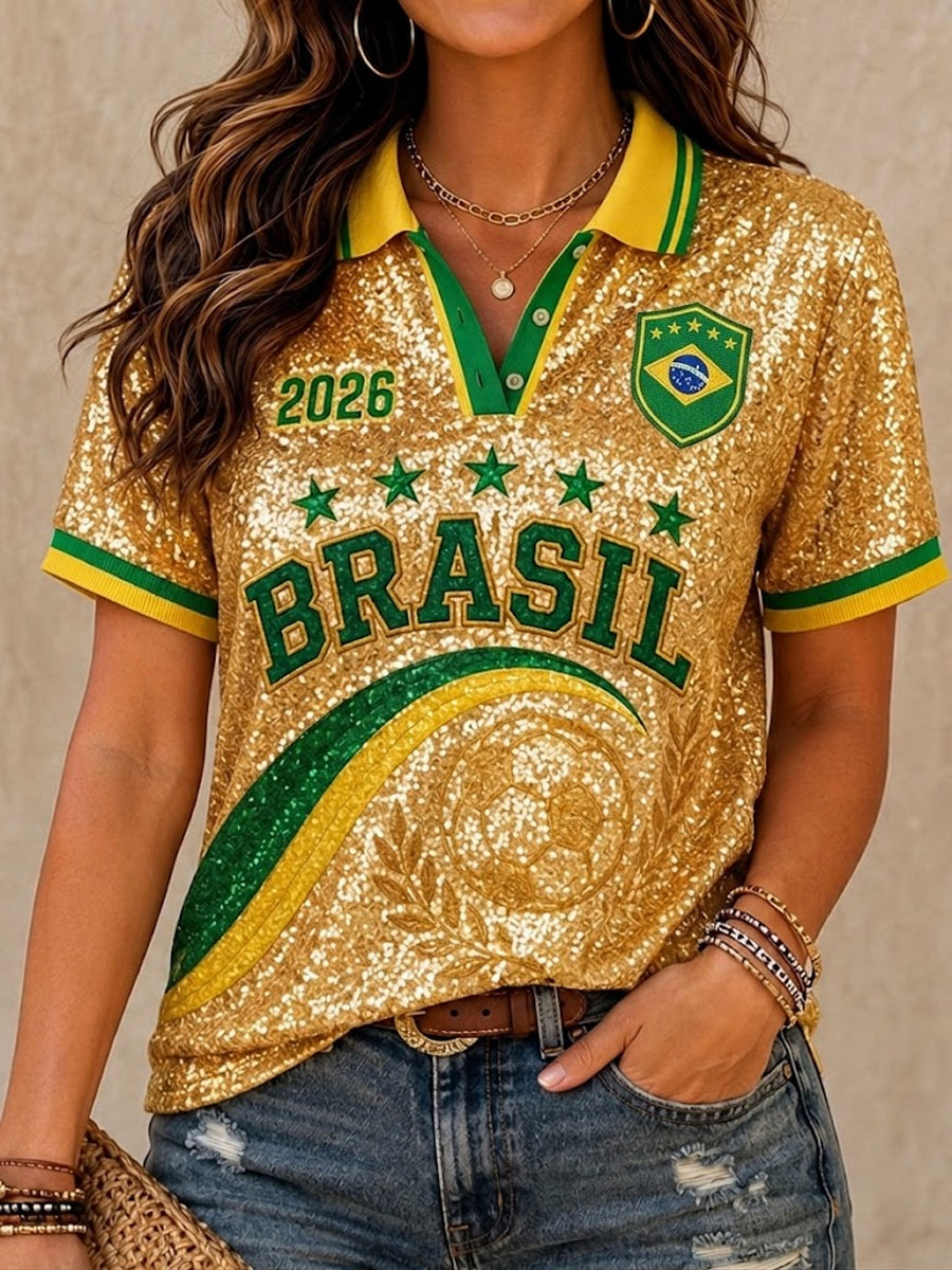 Women's Brazil Football Fan Gift Printed Short Sleeve Top