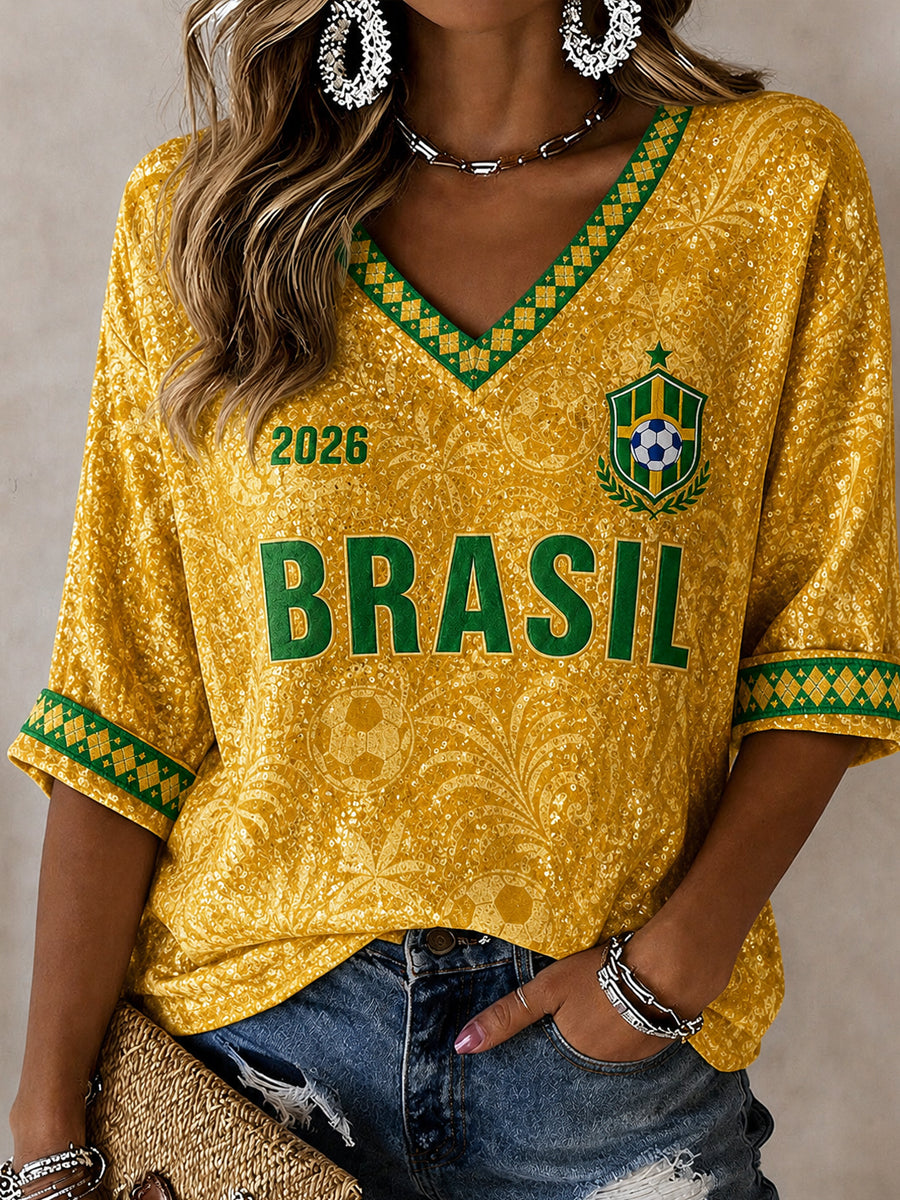 Women's Brazil Football Fan Gift Printed Mid-length Sleeves V-Neck T-Shirt