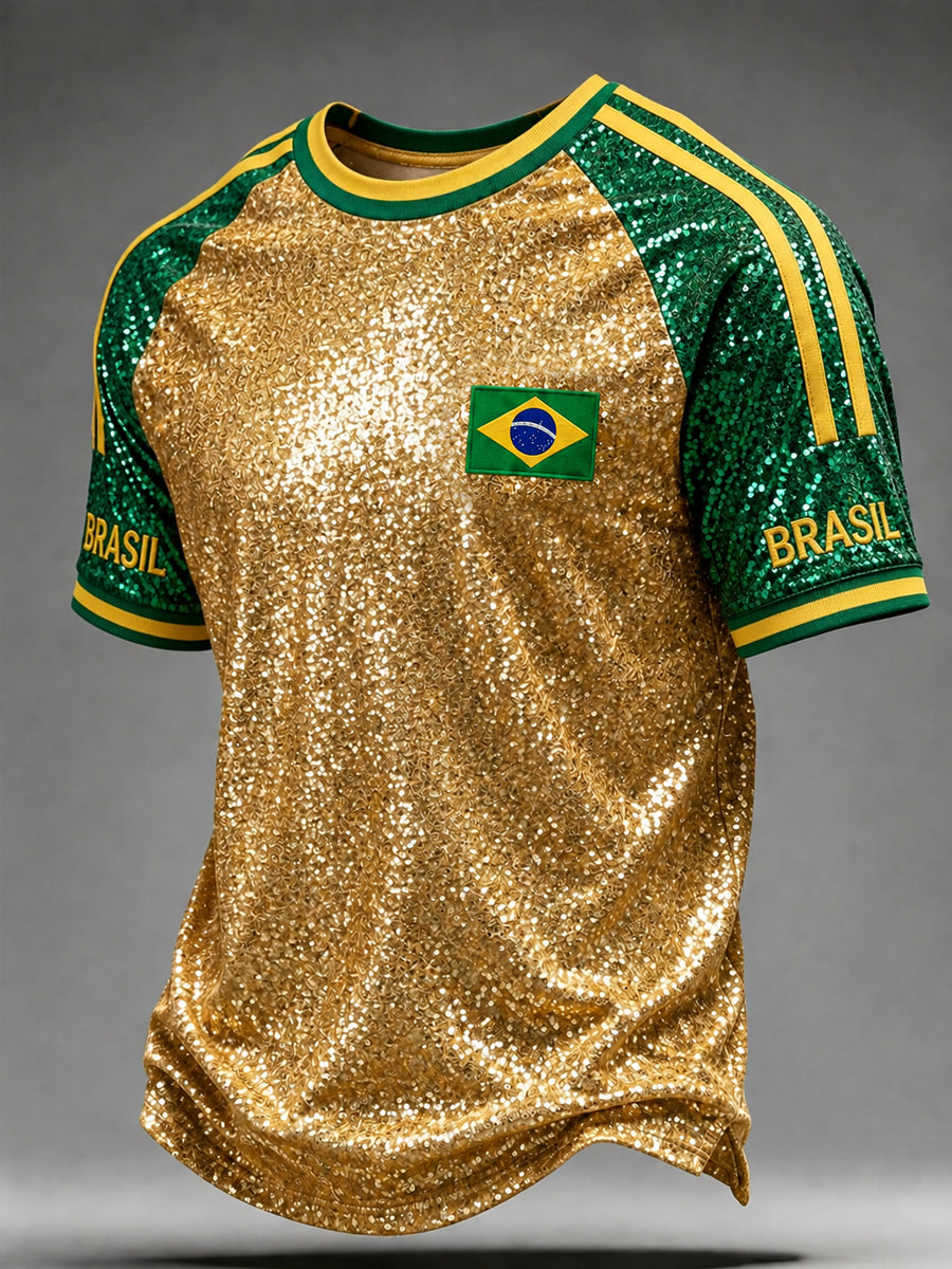 Men's Brazil Football Fan Gift Printed Short Sleeve T-shirt