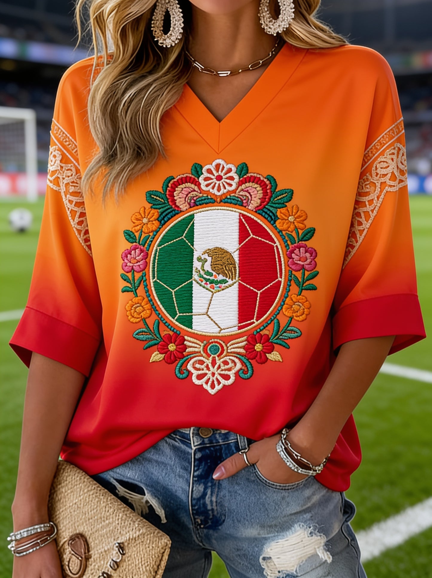 Women's Mexican Football Fan Casual Printed V-Neck T-Shirt