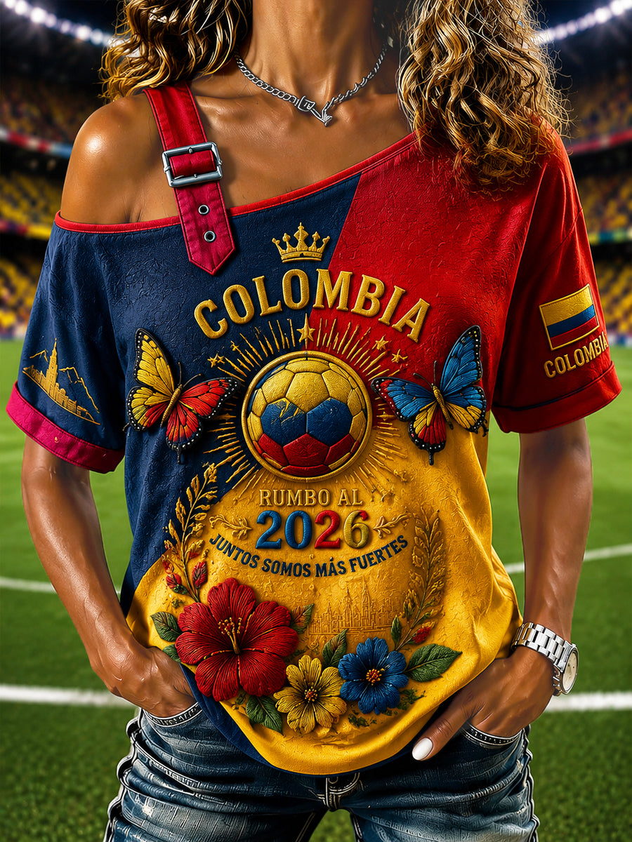 Women's Columbia Soccer Patchwork Off-the-Shoulder Casual T-Shirt