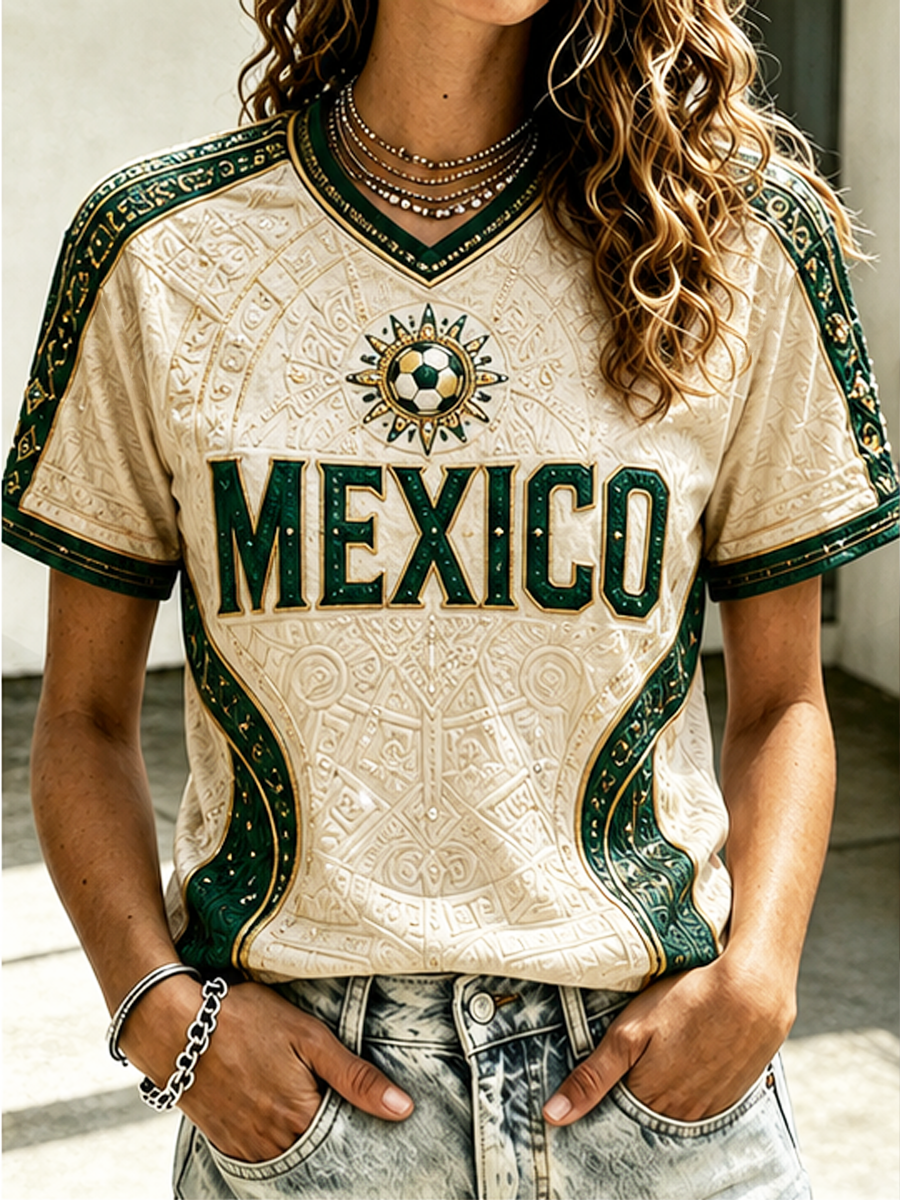 Women's Mexico Football Printed V-neck off-shoulder short-sleeved T-shirt