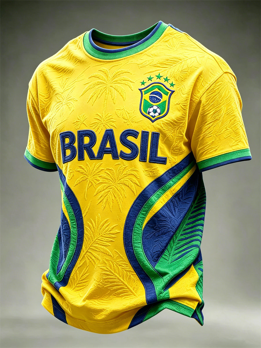 Men's Brasil Football Leaves Pattern Flag Colorblock Print short sleeves t-shirt