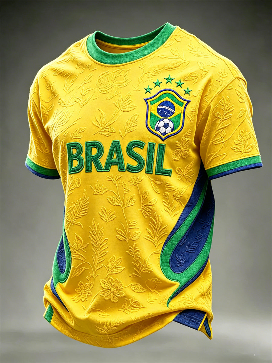 Men's Brasil Football Leaves Floral Pattern Flag Colorblock Print short sleeves t-shirt