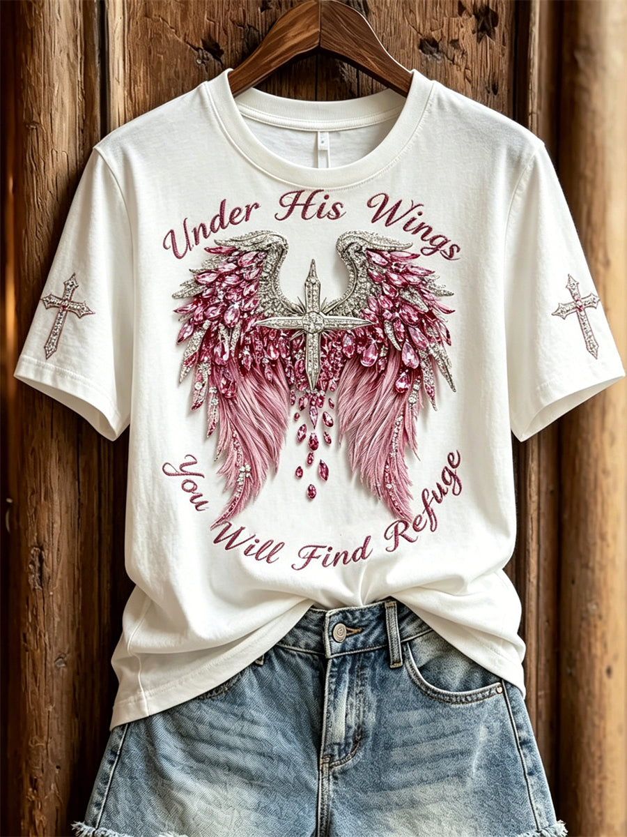 Women's Under His Wings You Will Find Refuge Wings & Cross Print short-sleeved T-shirt