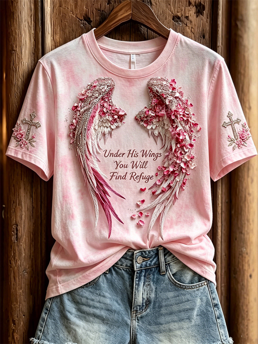 Women's Under His Wings You Will Find Refuge Floral Wings & Cross Print short-sleeved T-shirt