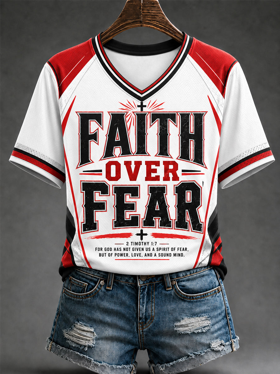 Women's Faith Over Fear Print Casual V-Neck Tee