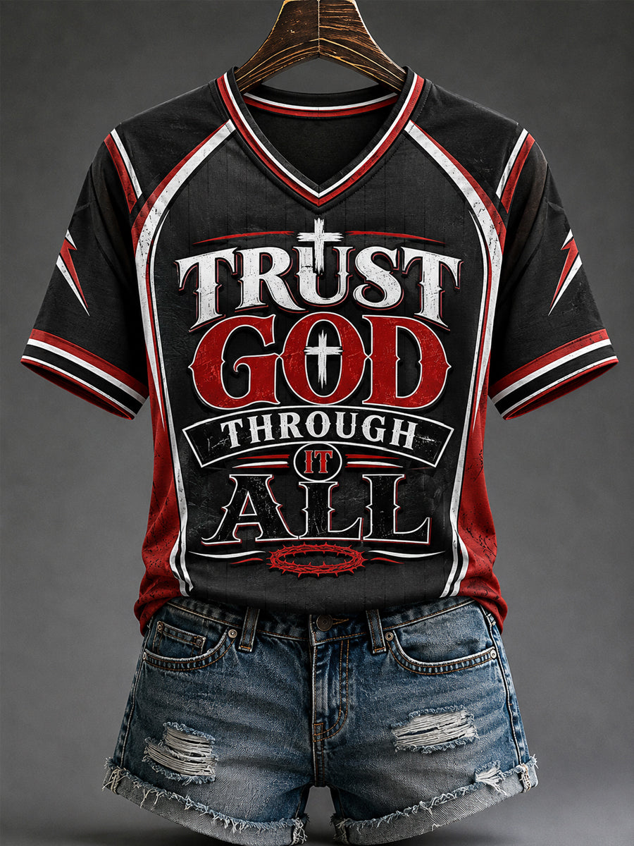 Women's Trust God Trough It All Print Casual V-Neck Tee