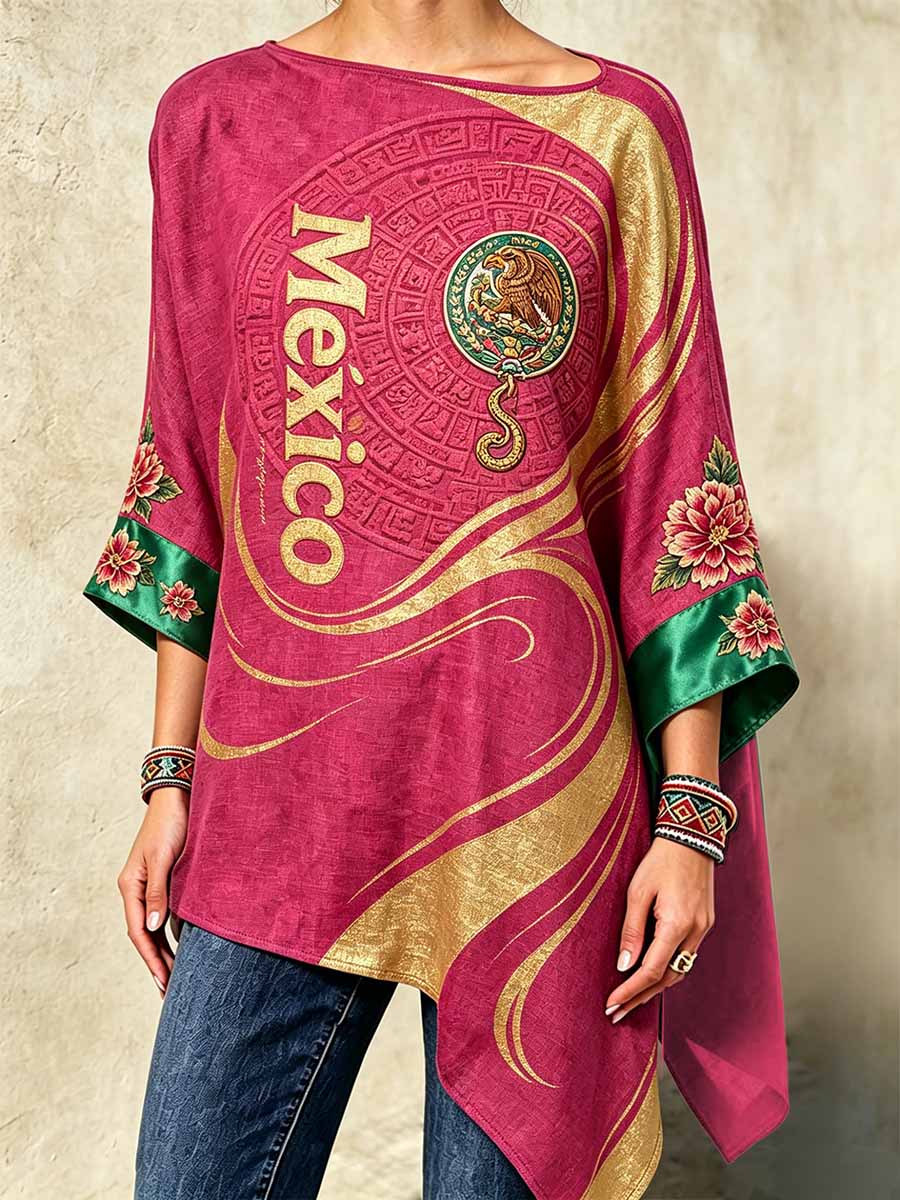 Women's Fashion Mexican Art Print Irregular Hem Top