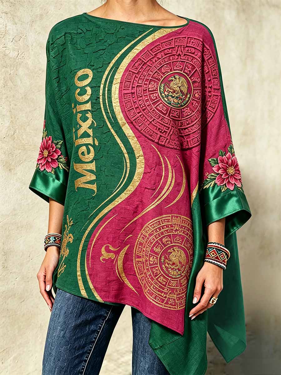 Women's Fashion Mexican Art Print Irregular Hem Top