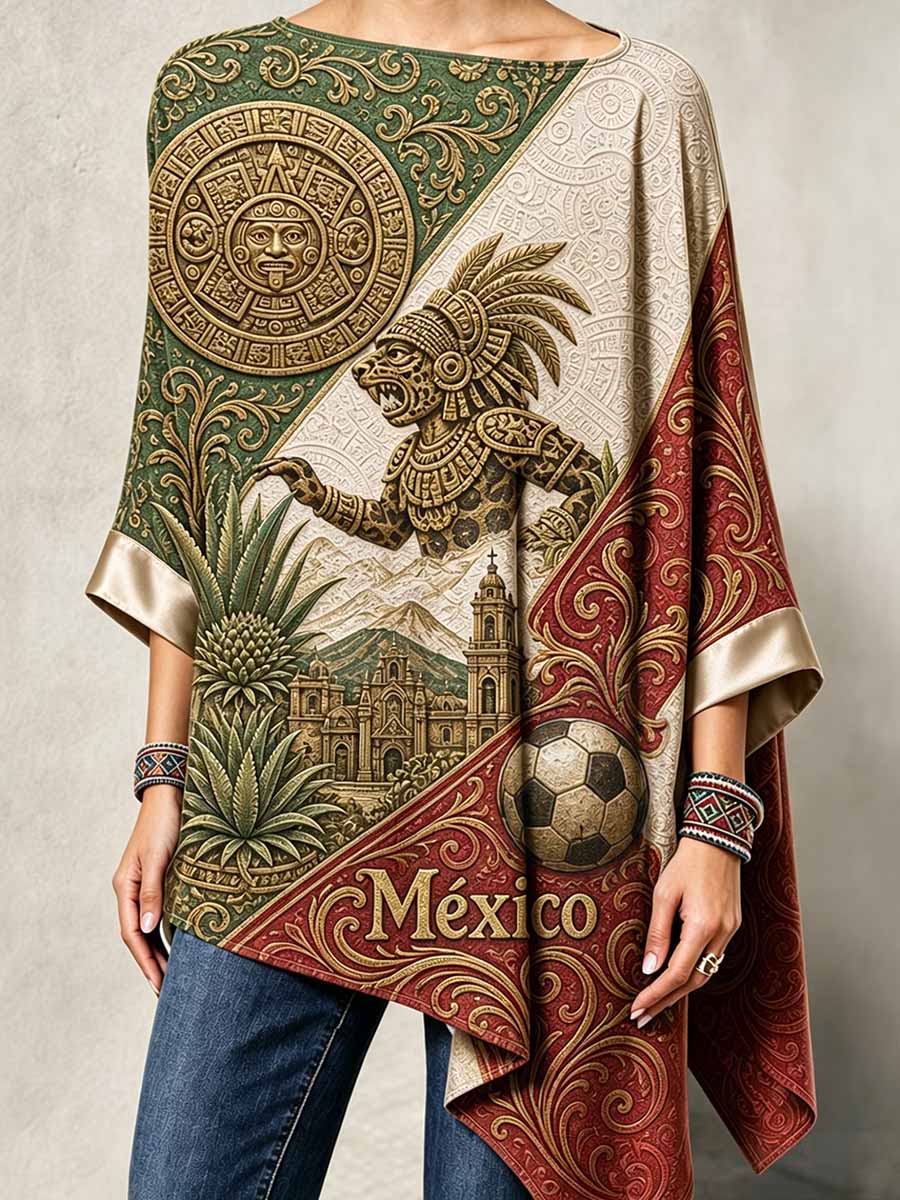 Women's Fashion Mexican Art Print Irregular Hem Top