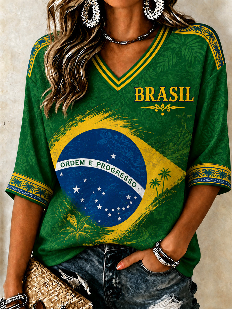 Women's Brazil Football Fan Gift Art Mid-length Sleeves V-Neck T-Shirt
