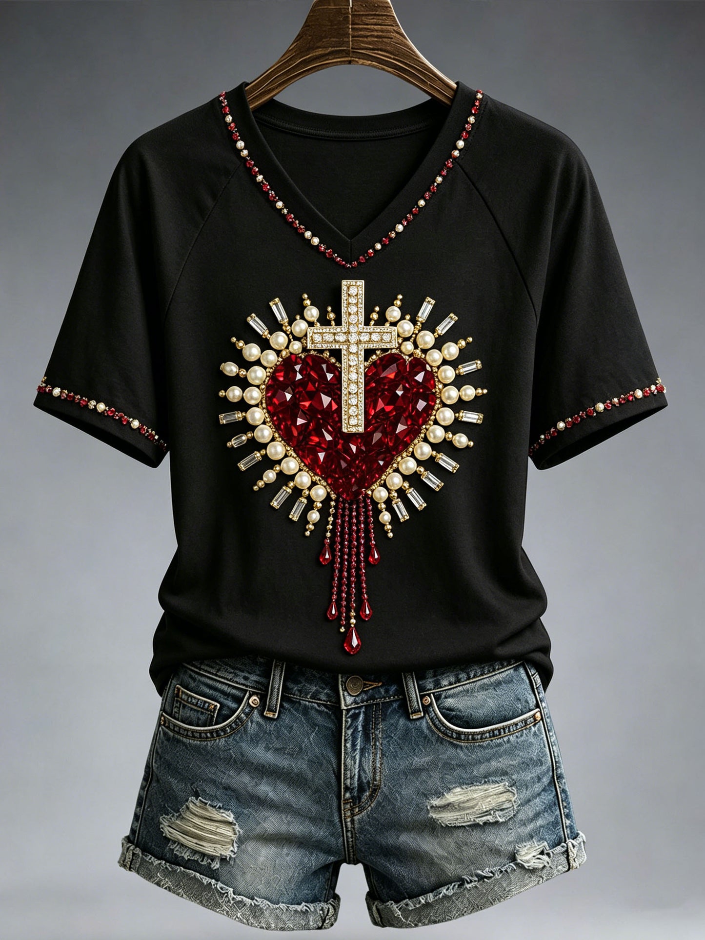 Women's Christian Cross Bead Embroidery Art T-Shirt