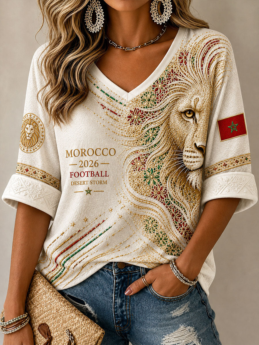 Women's 2026 Morocco Football Lion Print T-shirt