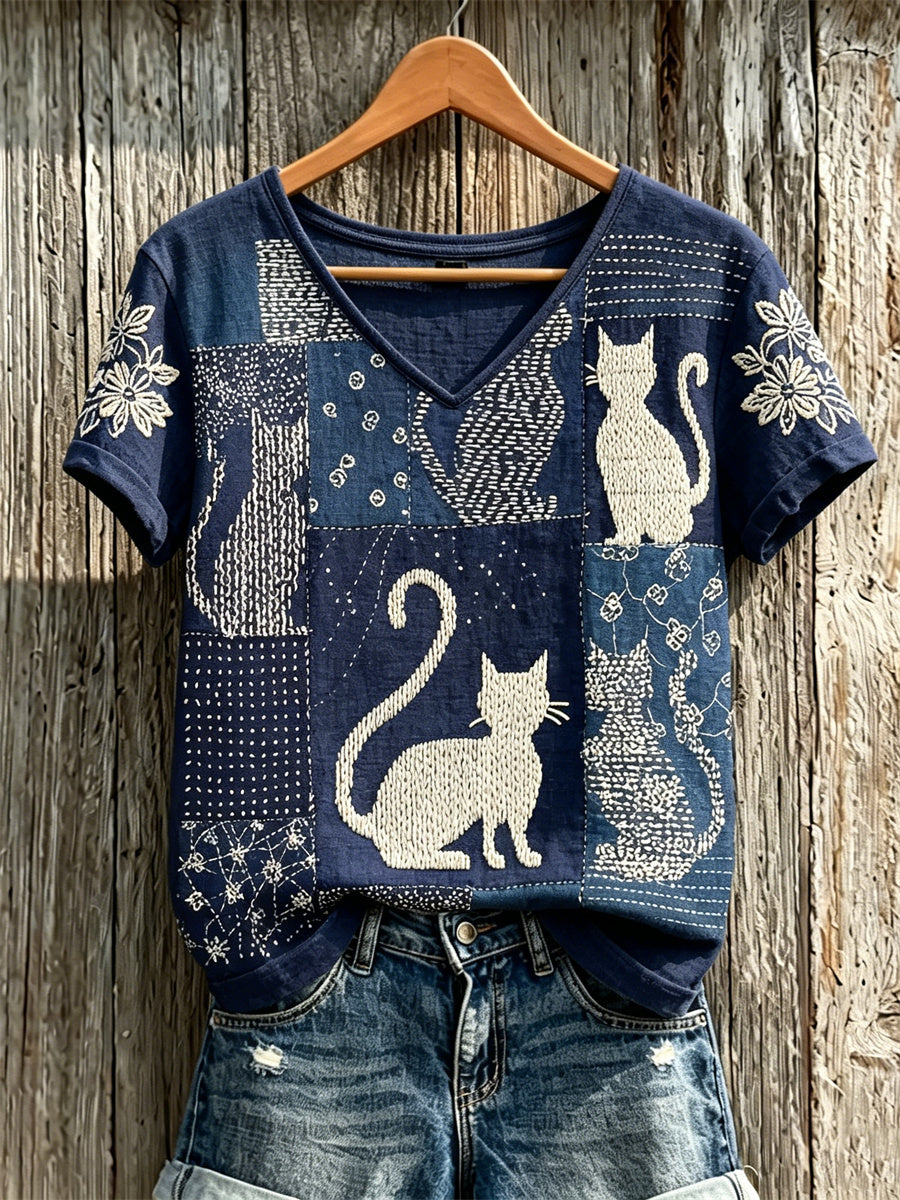 Women's Cats Japanese Sashiko Art Print linen short-sleeved T-shirt