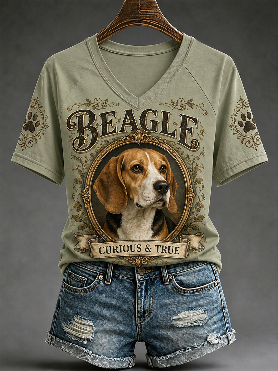 Women's Retro Dog Print Casual V-Neck Tee