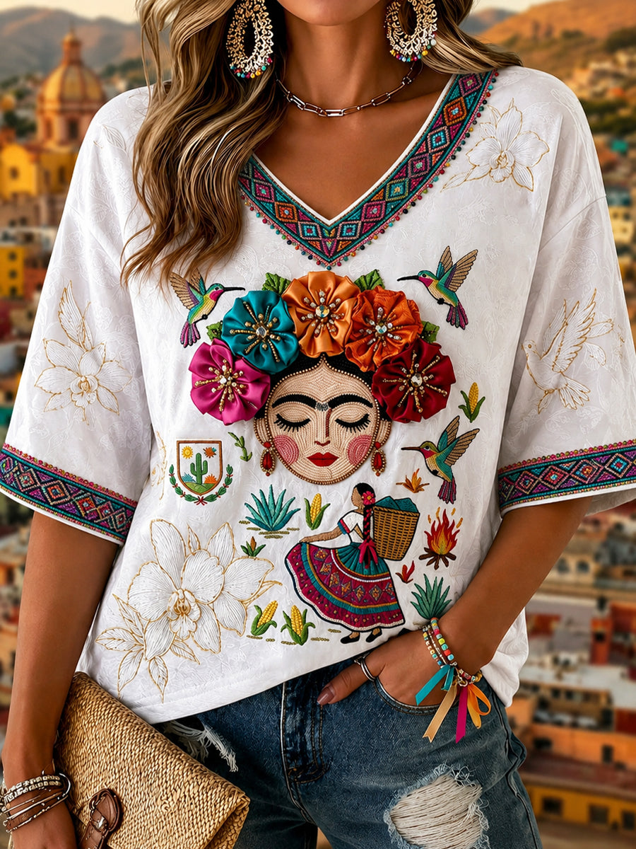 Women's Mexican Guelaguetza Printed Casual Short-Sleeve T-Shirt